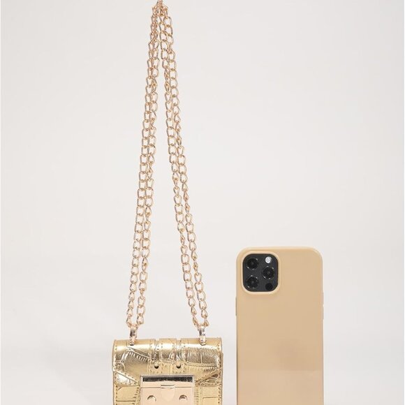 Mini Crocodile Embossed Metal Flap Clutch with Chain - Elegant Women's Square Ba - Picture 4 of 6